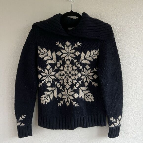 Eddie Bauer Womens Sz Sm Merino Wool Silk Blend Collared Sweater Blue Snowflake - Picture 1 of 8